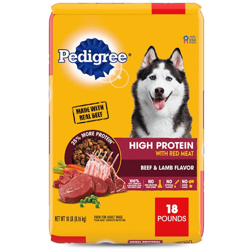 Pedigree High Protein Adult Dry Dog Food w/Red Meat Beef Lamb, 1ea/18 lb