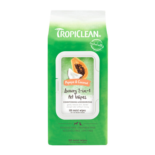 TropiClean Papaya Coconut Luxury 2in1 Pet Wipes 1ea/100 ct