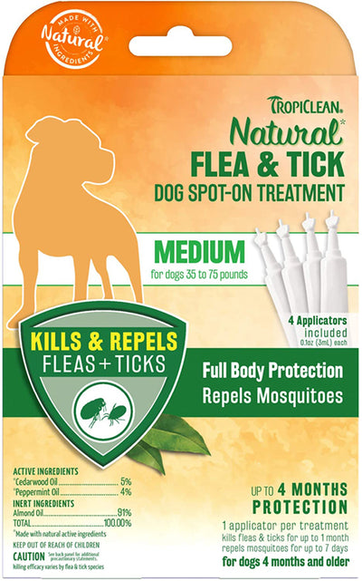 TropiClean Natural Flea and Tick Spot On Treatment for Dogs 0.4 fl. oz 4 Count