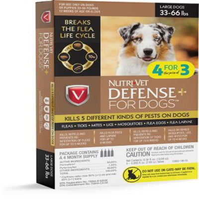 Nutri-Vet Defense+ Flea & Tick 1ea/Large Dogs, 33-66 lb, 4 pk