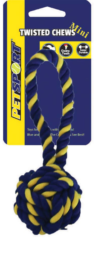Petsport USA Twisted Chew Monkey Fist Dog Toy Monkey Fist with Handle Blue; Yellow 7 in Mini