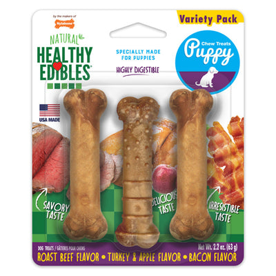 Nylabone Healthy Edibles Puppy Natural Long Lasting Dog Chew Treats Roast Beef; Turkey Apple; Bacon; 1ea-XS-Petite 3 ct