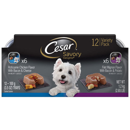 Cesar Savory Delights Variety Rotisserie Chicken and Filet Mignon Dog Food 2Ea-3.5 Oz; 12 Pk