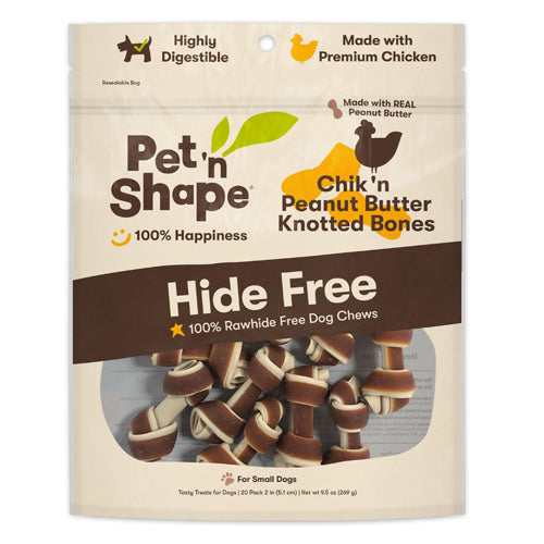 Pet N Shape Chikn Peanut Butter Knotted Bones Hide Free Dog Treat 1ea/20 ct