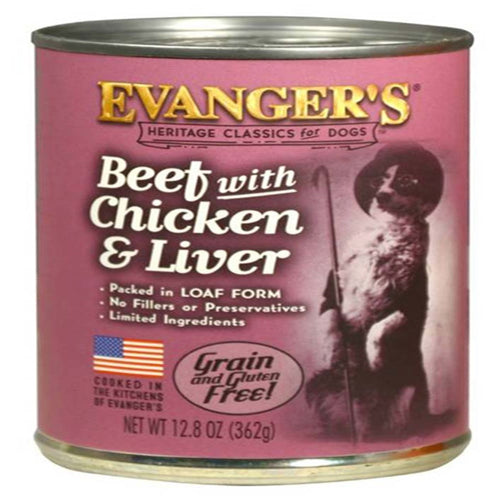 Evangers Heritage Classic Beef Chicken and Liver Canned Dog Food 12.8 oz 12 Pack