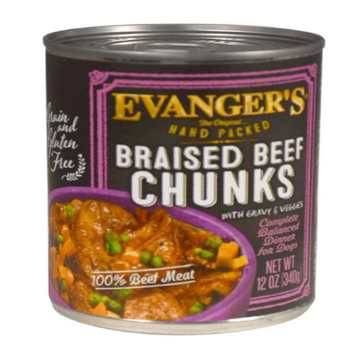 Evangers Hand Packed Braised Beef Chunks with Gravy Canned Dog Food 12 oz 12 Pack