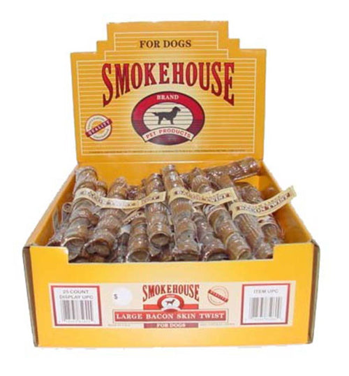 Smokehouse USA Made Bacon Skin Twists Dog Chew Shelf Display Box Large 25 Count