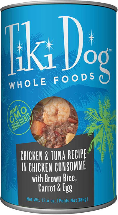 Tiki Pets Dog Whole Foods Chicken and Tuna Recipe in Chicken Consomm 13.6oz. (Case Of 12)