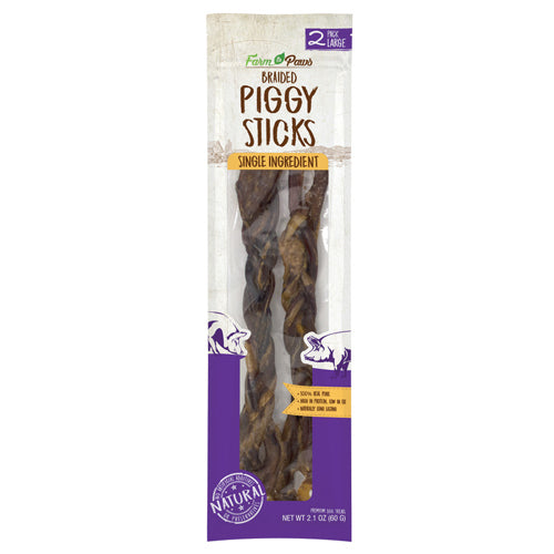 Farm To Paws Lg 2Pk Braided Piggy Sticks 2.1oz