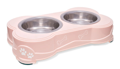 Loving Pets Double Diner Dog Bowl Paw Print and Bone Paparazzi Pink Small