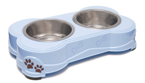 Loving Pets Double Diner Dog Bowl Paw Print and Bone Murano Blue Medium