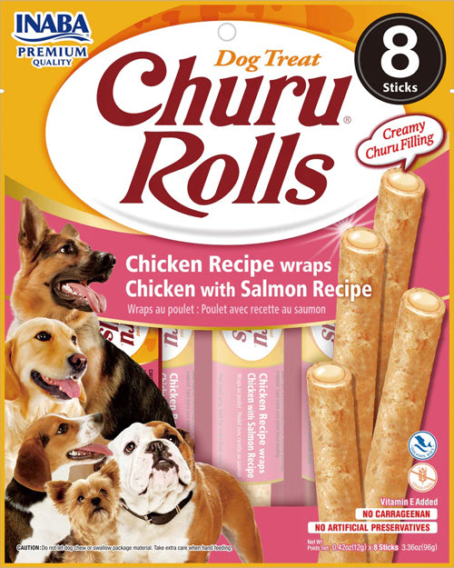 Inaba Dog Churu Rolls Chicken Salmon Wraps 6Ct-3.36Oz